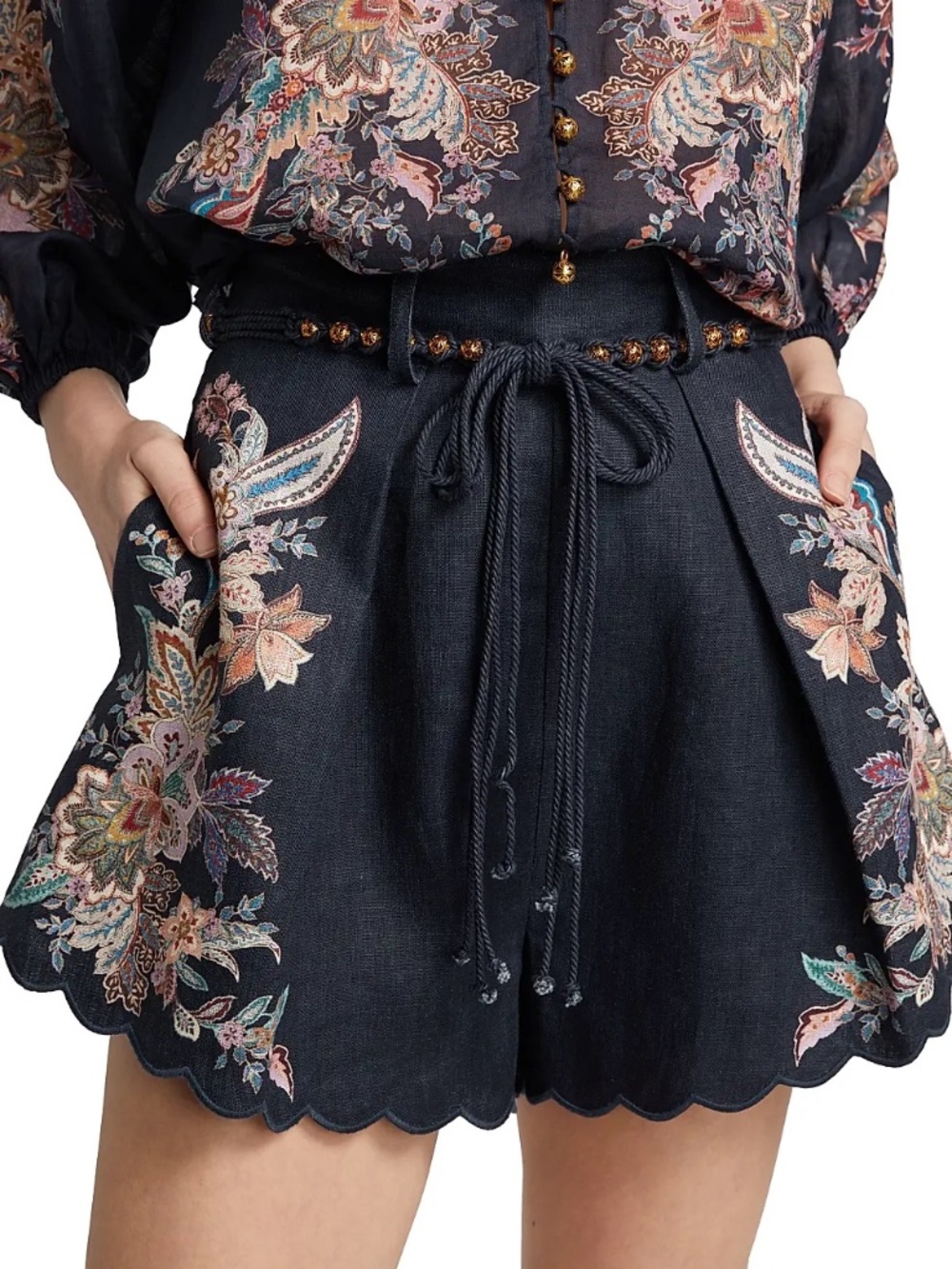 ZIMMERMANN Rhiannon belted floral-print linen shorts size 12